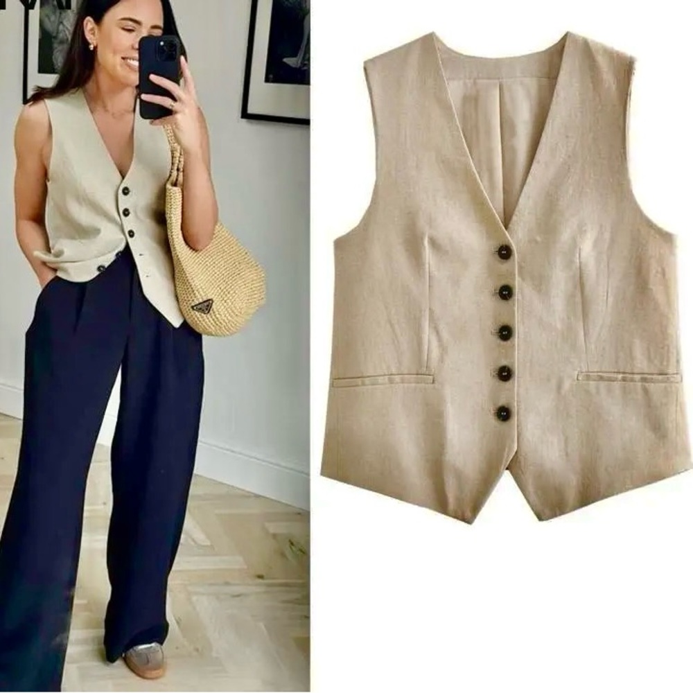 Tan beige v neck button front linen blend waistcoat vest — fully lined material - Picture 2 of 4
